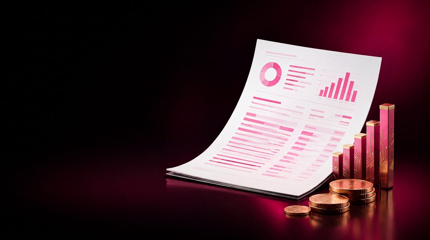 A bank statement transforming into gold charts and a magenta growth arrow
